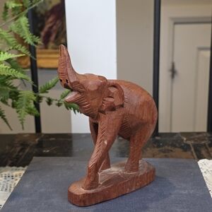 Vintage Thai Hand Carved Wood Elephant Statue 6.5" Trunk Up Good Luck Fortune